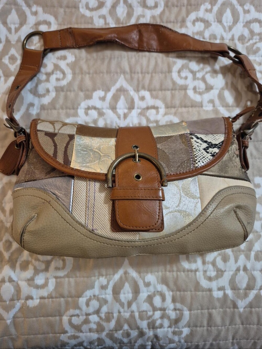 Coach Patchwork Shoulder Bag in Tan, Brown, Cream